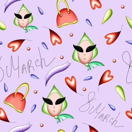 seamless pattern with inscriptions, for the holiday of March 8, women's attributes and symbols, hand-drawnの写真素材