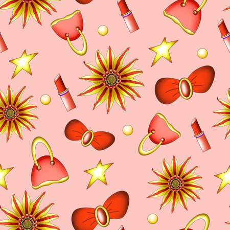 seamless pattern, with drawn female symbols and attributes, stylish illustration for women's holiday on March 8, postcard and poster templateの写真素材