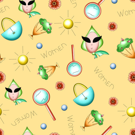 drawn seamless pattern with feminine things, design for March 8, stylish illustration with flowers and red accessoriesの写真素材