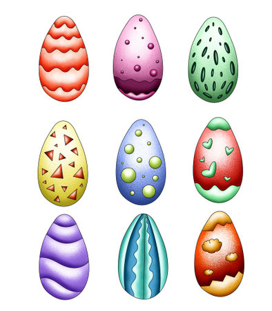 Easter egg sticker set, traditional eggs for the holiday, clip art from bright Easter illustrationsの写真素材
