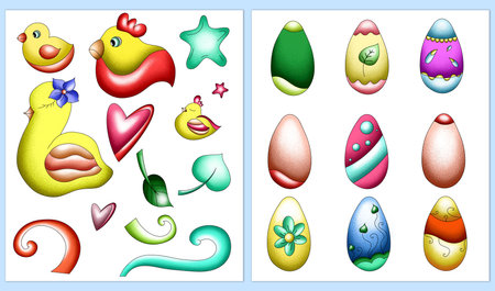 cartoon Easter illustrations, hand drawn, set of chickens and eggs in bright colors, for the celebration of Easterの写真素材