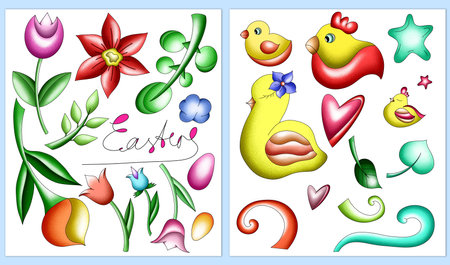 Easter set with chicks, ducklings and flowers, bright colorful clip art hand drawnの写真素材