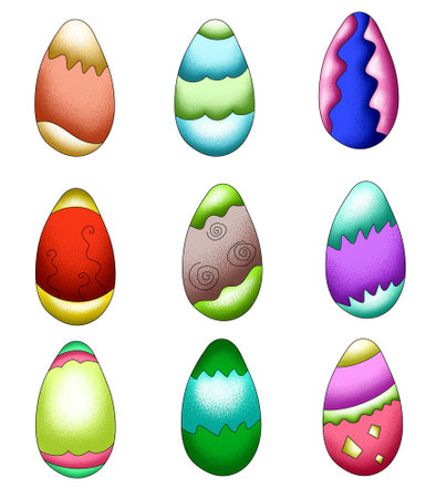 Easter egg sticker set, traditional eggs for the holiday, clip art from bright Easter illustrationsの写真素材