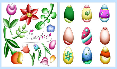set of hand drawn Easter elements, bright eggs and flowers, Easter illustration, clip artの写真素材