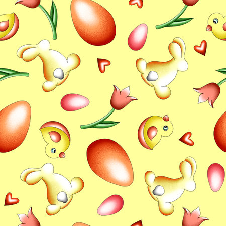seamless hand-drawn pattern, background with Easter bunnies and eggs, traditional illustration for Easter holidayの写真素材