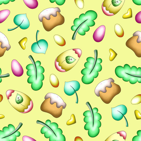 seamless hand-drawn pattern with eggs, Easter cakes and chickens, illustration for postcard designs, fabric prints, covers, flyersの写真素材