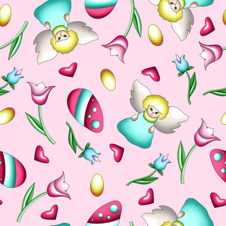 seamless background for Easter holiday, with colored eggs and angels, pastel colors, template for dextile design, packaging, cards, printの写真素材