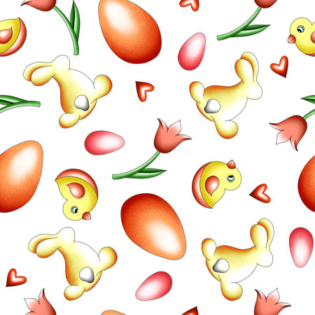 seamless hand-drawn pattern, background with Easter bunnies and eggs, traditional illustration for Easter holidayの写真素材