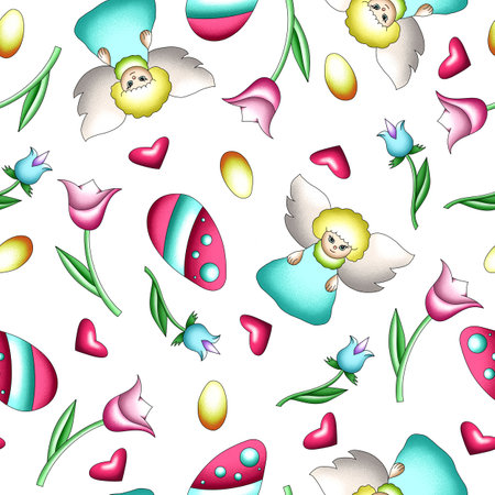 seamless background for Easter holiday, with colored eggs, pastel colors, template for textile design, packaging, cards, printの写真素材