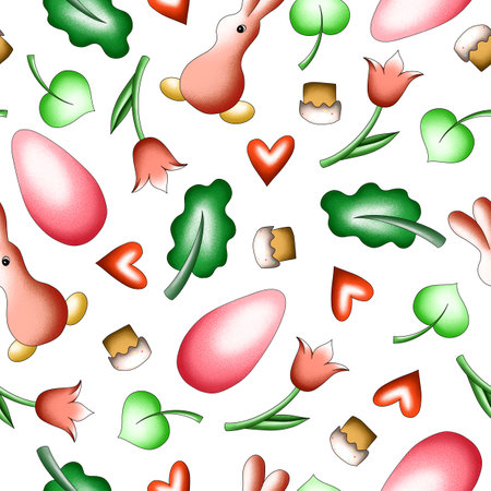 seamless hand drawn pattern with eggs and bunnies, leaves, Easter holiday, pattern for the design of banners, cards, cover designs, prints, fabricの写真素材