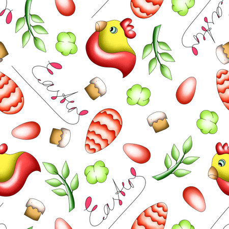 seamless hand-drawn pattern with eggs, Easter cakes and chickens, illustration for postcard designs, fabric prints, covers, flyersの写真素材
