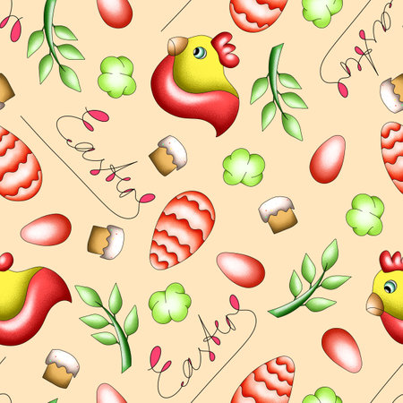 seamless hand-drawn pattern with eggs, Easter cakes and chickens, illustration for postcard designs, fabric prints, covers, flyersの写真素材