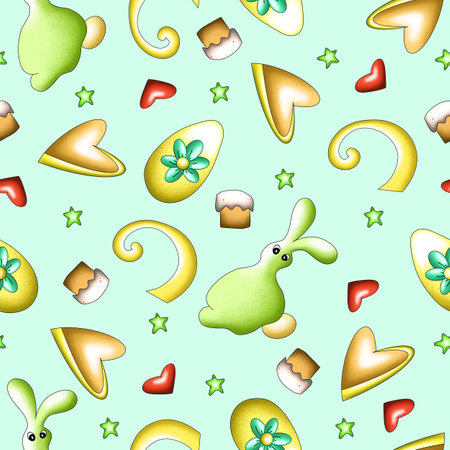 seamless pattern for Easter, spring illustration with hares and Easter cakes, templates for various designsの写真素材