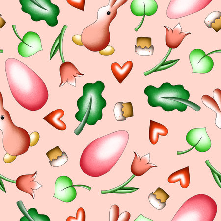 seamless hand drawn pattern with eggs and bunnies, leaves, Easter holiday, pattern for the design of banners, cards, cover designs, prints, fabricの写真素材