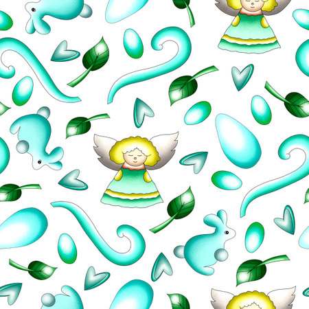 seamless hand-drawn pattern for the Easter holiday with traditional eggs, rabbits. Template for print, fabric, textile, packaging, covers and designsの写真素材