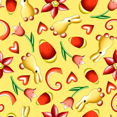 seamless hand-drawn pattern for the Easter holiday with traditional eggs, chickens, Easter cakes, rabbits. Template for print, fabric, textile, packaging, covers and designsの写真素材