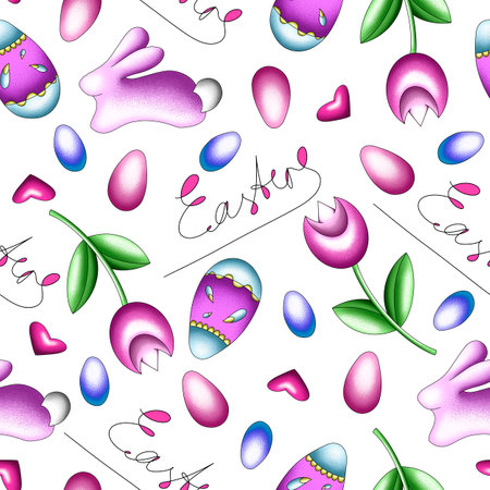 seamless hand-drawn pattern for the Easter holiday with traditional eggs, chickens, Easter cakes, rabbits. Template for print, fabric, textile, packaging, covers and designsの写真素材