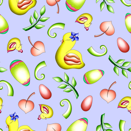 seamless hand-drawn pattern for the Easter holiday with traditional eggs, Easter cakes, rabbits. Template for print, fabric, textile, packaging, covers and designsの写真素材