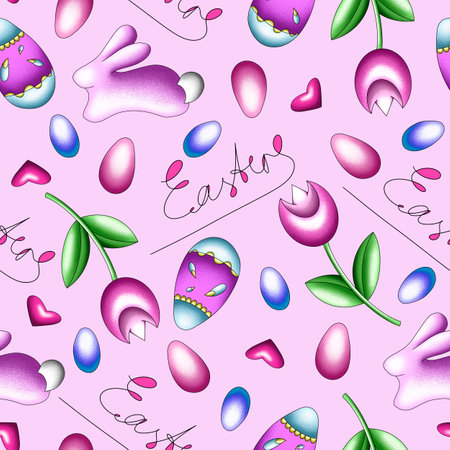 seamless hand-drawn pattern for the Easter holiday with traditional eggs, Easter cakes, rabbits. Template for print, fabric, textile, packaging, covers and designsの写真素材