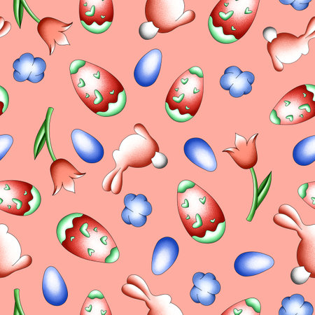 seamless hand-drawn pattern for the Easter holiday with traditional eggs, chickens, Easter cakes, rabbits. Template for print, fabric, textile, packaging, covers and designsの写真素材
