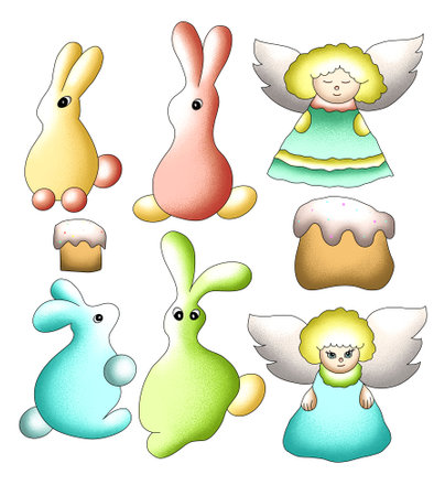 traditional easter illustration, clipart of easter eggs, bunnies, angels. To create designs, templates, cards, postcards, packagingの写真素材