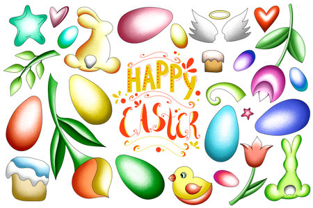 traditional easter illustration, clipart of easter eggs, bunnies, angels. To create designs, templates, cards, postcards, packagingの写真素材
