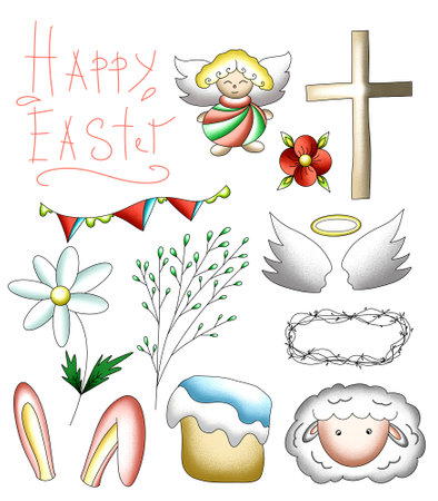 traditional easter illustration, clipart of easter eggs, bunnies, angels. To create designs, templates, cards, postcards, packagingの写真素材