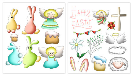 traditional easter illustration, clipart of easter eggs, bunnies, angels. To create designs, templates, cards, postcards, packagingの写真素材