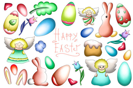 traditional easter illustration, clipart of easter eggs, bunnies, angels. To create designs, templates, cards, postcards, packagingの写真素材