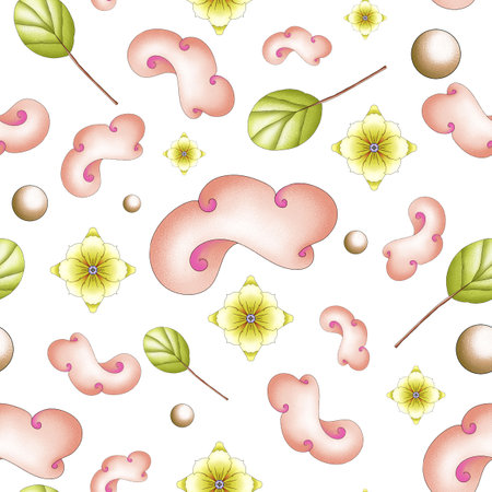 seamless pattern with petals and flowers on a white background, with leaves and herbs, bed linen, decor, tablecloth, napkins, textile industry, holiday packagingの写真素材