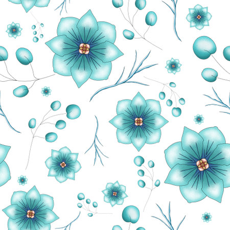 seamless pattern with petals and flowers on a white background, with leaves and herbs, wedding flowers, bed linen, decor, tablecloth, napkins, textile industry, holiday packagingの写真素材