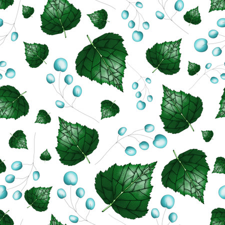 seamless pattern with leaves and herbs on a white background, bed linen, decor, tablecloth, napkins, textile industry, holiday packagingの写真素材