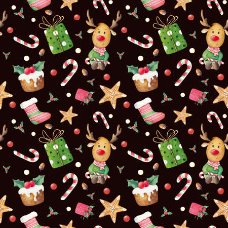 Seamless pattern with watercolor Christmas illustrations: reindeer, presents, gingerbread, holly leaves, cane candies and on dark background. Hand painted background for pattern, wallpaper, textile.の写真素材