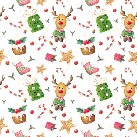 Bright Christmas seamless pattern with watercolor illustration: reindeer, presents, gingerbread, holly leaves, cane candies, socks and pudding on white background. Xmas digital paper.の写真素材
