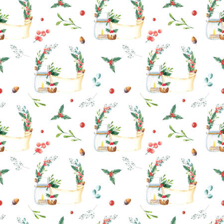 Heartwarming Christmas seamless pattern with watercolor with winter plants on white background.