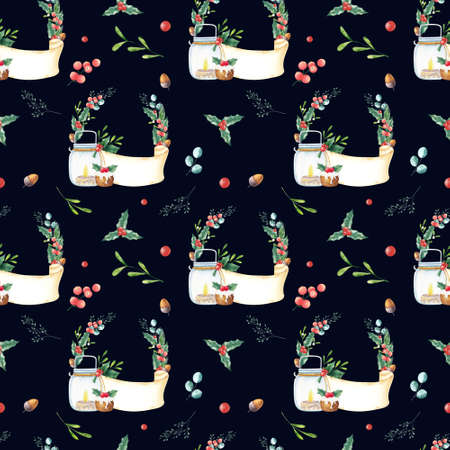 Watercolor winter seamless pattern with Christmas illustration: mistletoe, holly leaves, acorn, pounding and candle on deep blue background. Perfect for fabric, wrapping paper, scrapbooking, etc.の写真素材