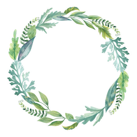 Watercolor foliage round frame. Greenery wreath with hand-drawn leaves. Spring circle frame, template for your design.の写真素材