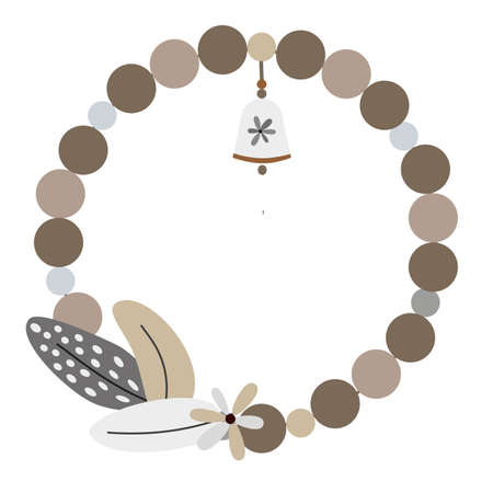 Vector rustic wreath in beige and brown color with feathers and flower. Circle frame in Scandinavian style. Nordic Easter wreath.のイラスト素材