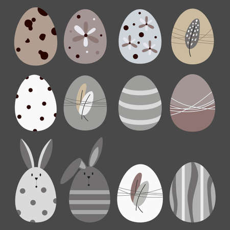 Set of 12 Scandinavian Easter Eggs collection in neutral colors for your decoration. Happy Easter set. Spring. Vector illustration.のイラスト素材