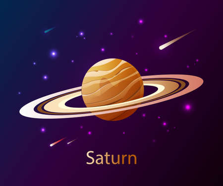Realistic planet Saturn in dark space with stars and comets. Planet of the Solar System. Space decoration design.Astronomy. The sixth planet from the Sun. Vector illustration for design and banners.のイラスト素材