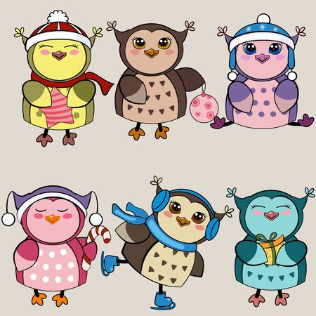 Set of funny owls for winter design. Vector illustration for Christmas design.のイラスト素材