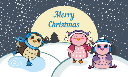Christmas card with owls. Vector illustration. Winter landscape with funny owls . Merry Christmas and a Happy New-Year's greeting sweet postcard.のイラスト素材
