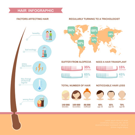 Colorful hair infographic about the problem of hair loss. Template with simple data, easy editable. Vector illustration in flat style.のイラスト素材