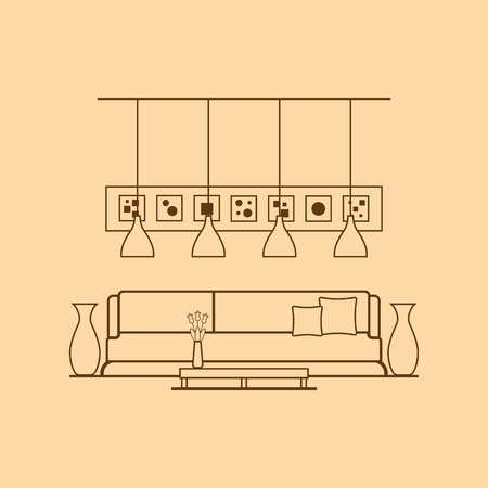 Concept of modern hall with utensils, furniture and interior decor. Hall interior design made of thin line. Linear flat style. Perfect for website banners and promotional materials.のイラスト素材