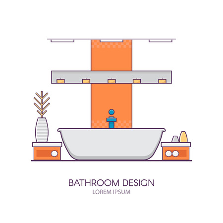 Modern bathroom interior design in linear flat style. Concept of apartment with utensils, furniture and interior decor. Perfect for website banners and promotional materials.のイラスト素材