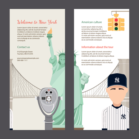 The trip to New York. Travel flyers with famous landmarks and symbols of USA: statue of Liberty, Brooklyn bridge, yellow lights, telescope of Top of the Rock. Easy editable template.のイラスト素材