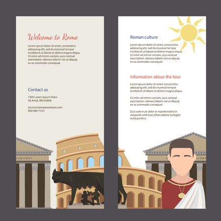 The trip to Rome. Travel flyer with famous landmarks of Italy: Capitoline wolf, the Capitol, the Pantheon, the Roman. Easy editable tourism template. Perfect for banners, posters.のイラスト素材