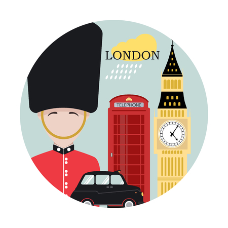 London. Travel background and infographic. Colorful concept in flat style with famous landmarks and elements: Big Ben, taxi, red phone, guard.のイラスト素材
