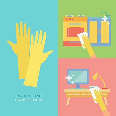 Cleaning of the house. Vector collection with rubber gloves in flat style. Perfect for packaging, infographic. Colorful elements: stove, computer, lamp, kitchenware. Cleaning concept.のイラスト素材