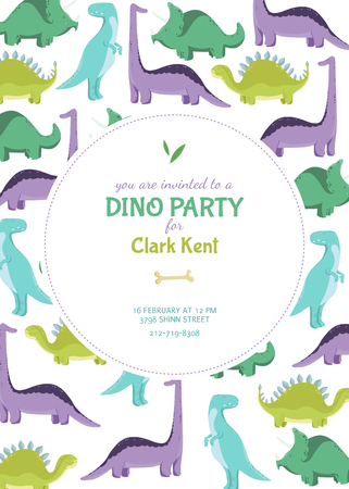 Invitation card or poster on the Dino party. Vector illustration with colorful dinosaurs. Template with a place for your text.のイラスト素材
